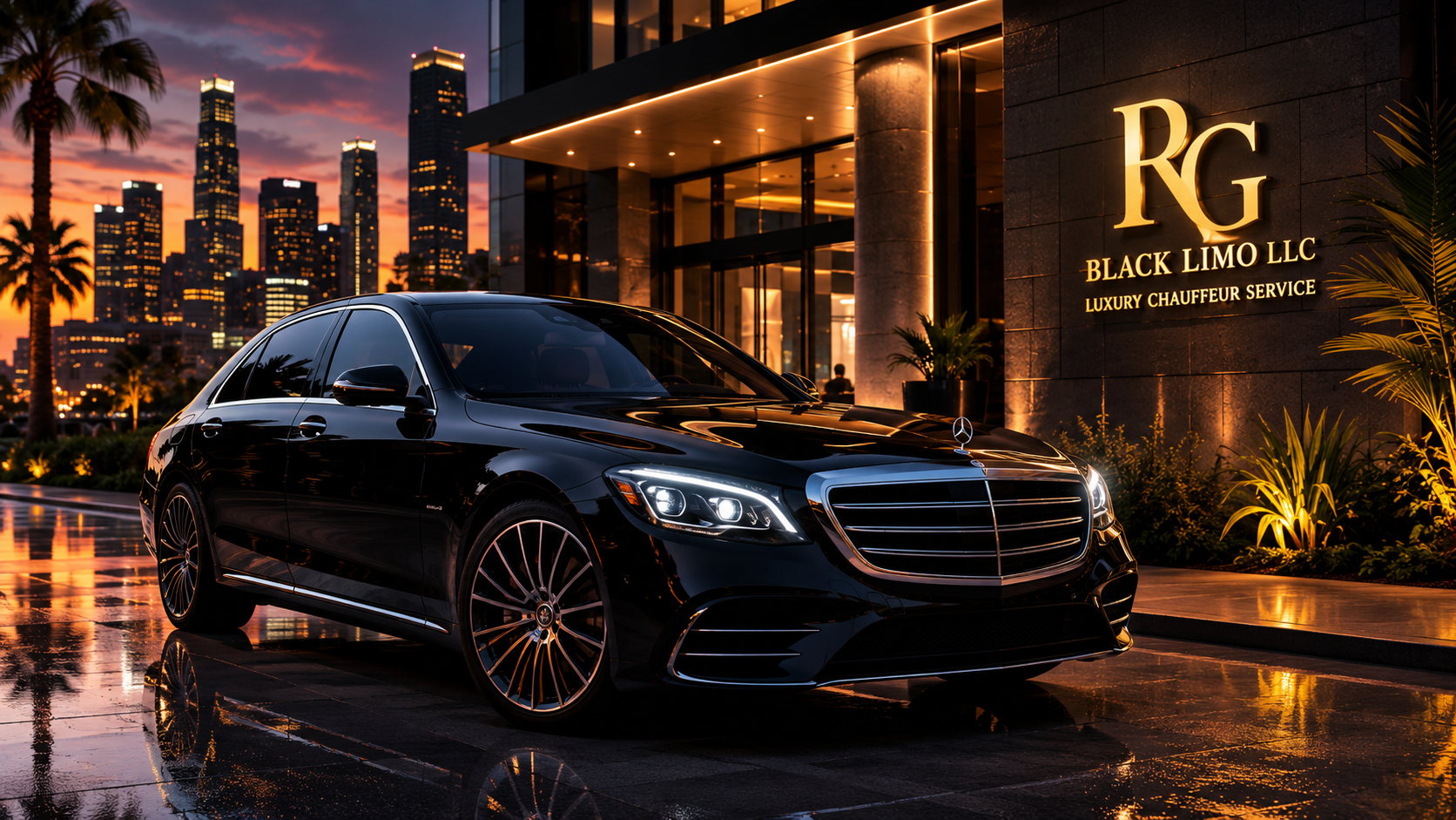 Black Mercedes-Benz S-Class outside a lit building entrance at dusk beside the RG Black Limo LLC sign, with the downtown Los Angeles skyline behind