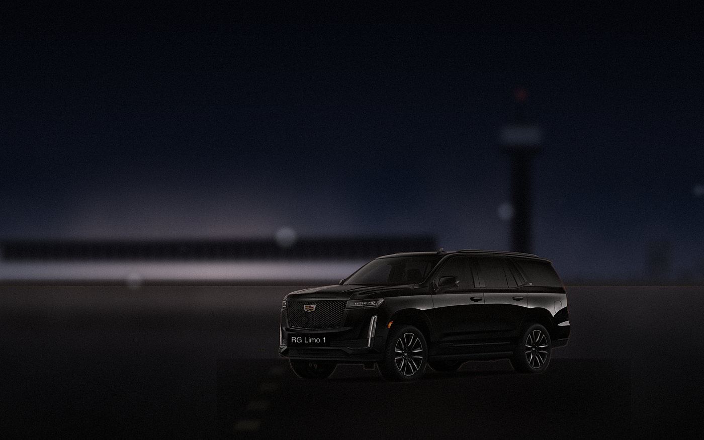 Black Cadillac Escalade waiting on the apron at Van Nuys Airport before sunrise