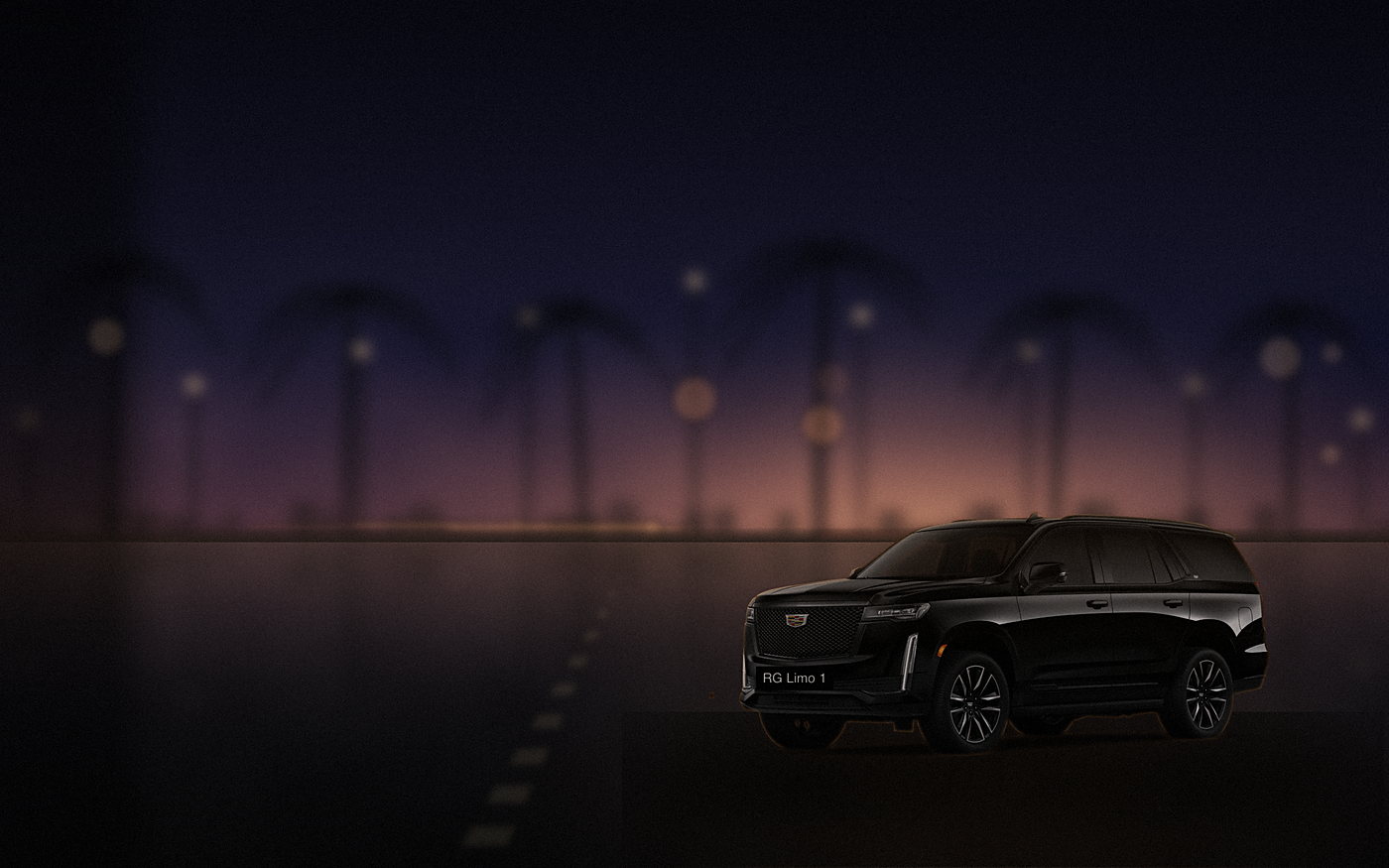 Black Cadillac Escalade pulling away down a Los Angeles boulevard at dusk