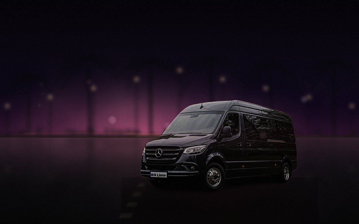 Black Mercedes-Benz Sprinter van running a night convoy past neon storefronts in Hollywood