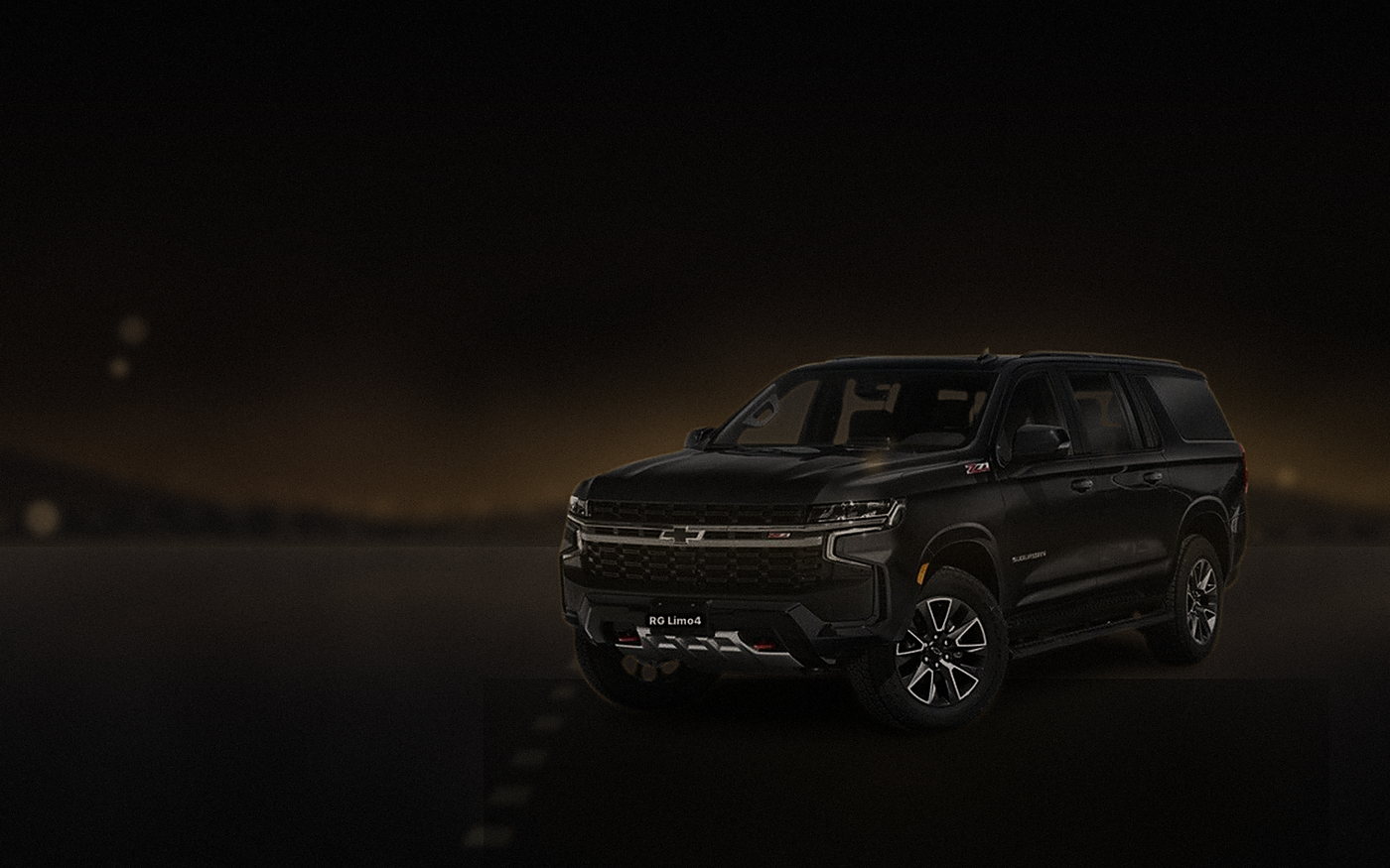 Black Chevrolet Suburban climbing a canyon road above Los Angeles at golden hour