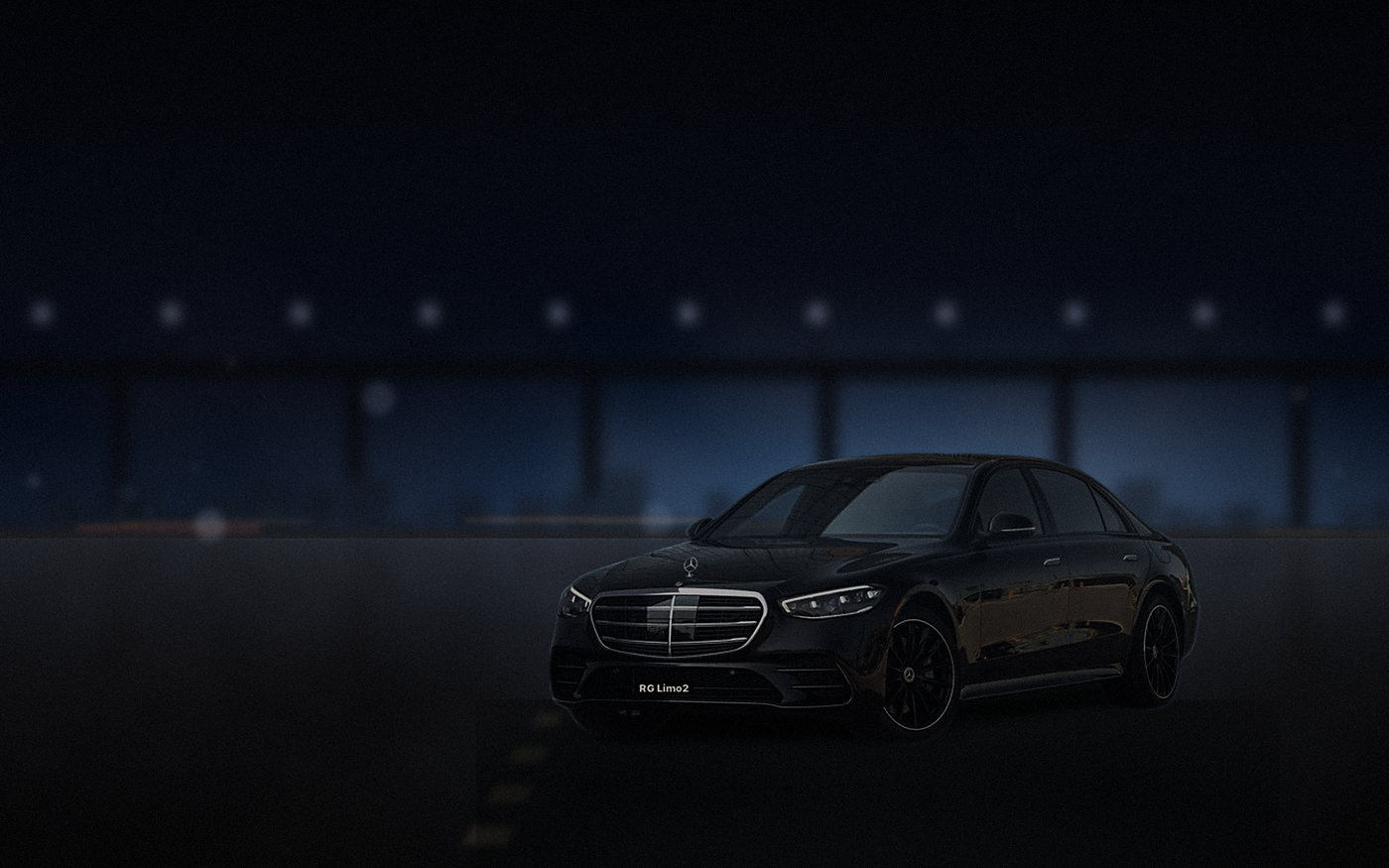 Black Mercedes-Benz S-Class sedan southbound on the 110 with downtown Los Angeles behind it