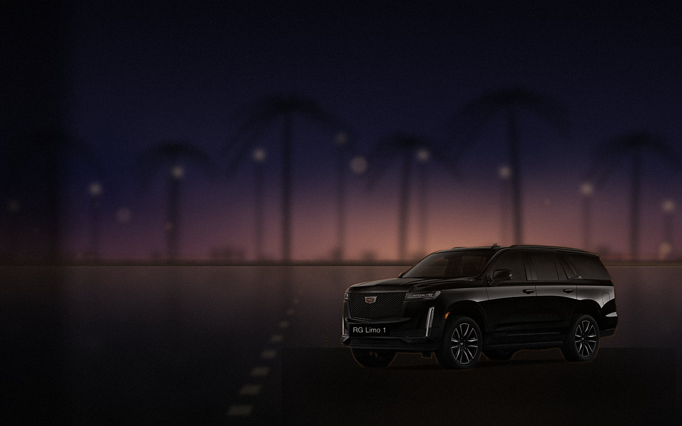 Black Cadillac Escalade on Wilshire Boulevard heading into Beverly Hills at dusk