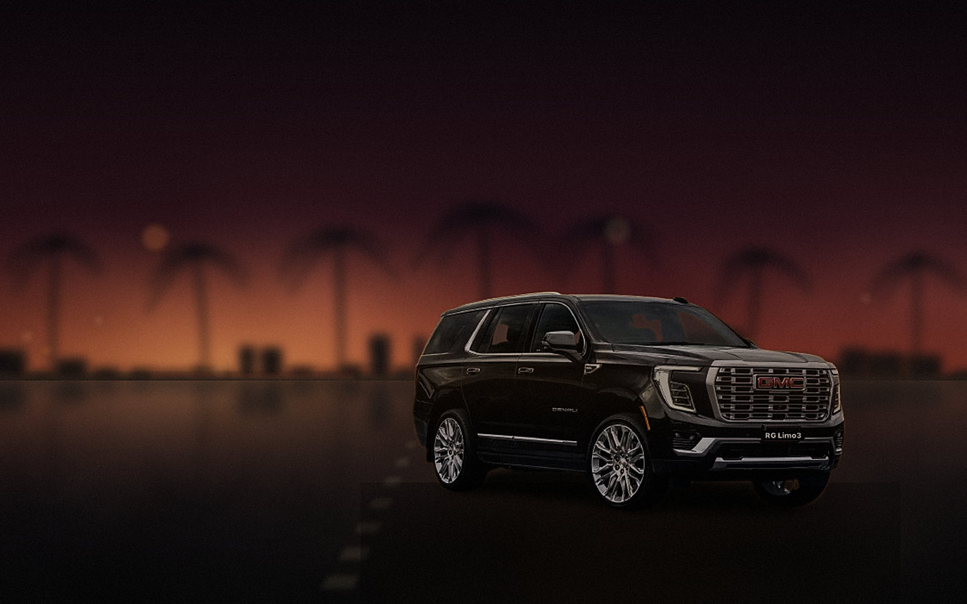 Black GMC Yukon Denali at an Anaheim hotel entrance in the early evening