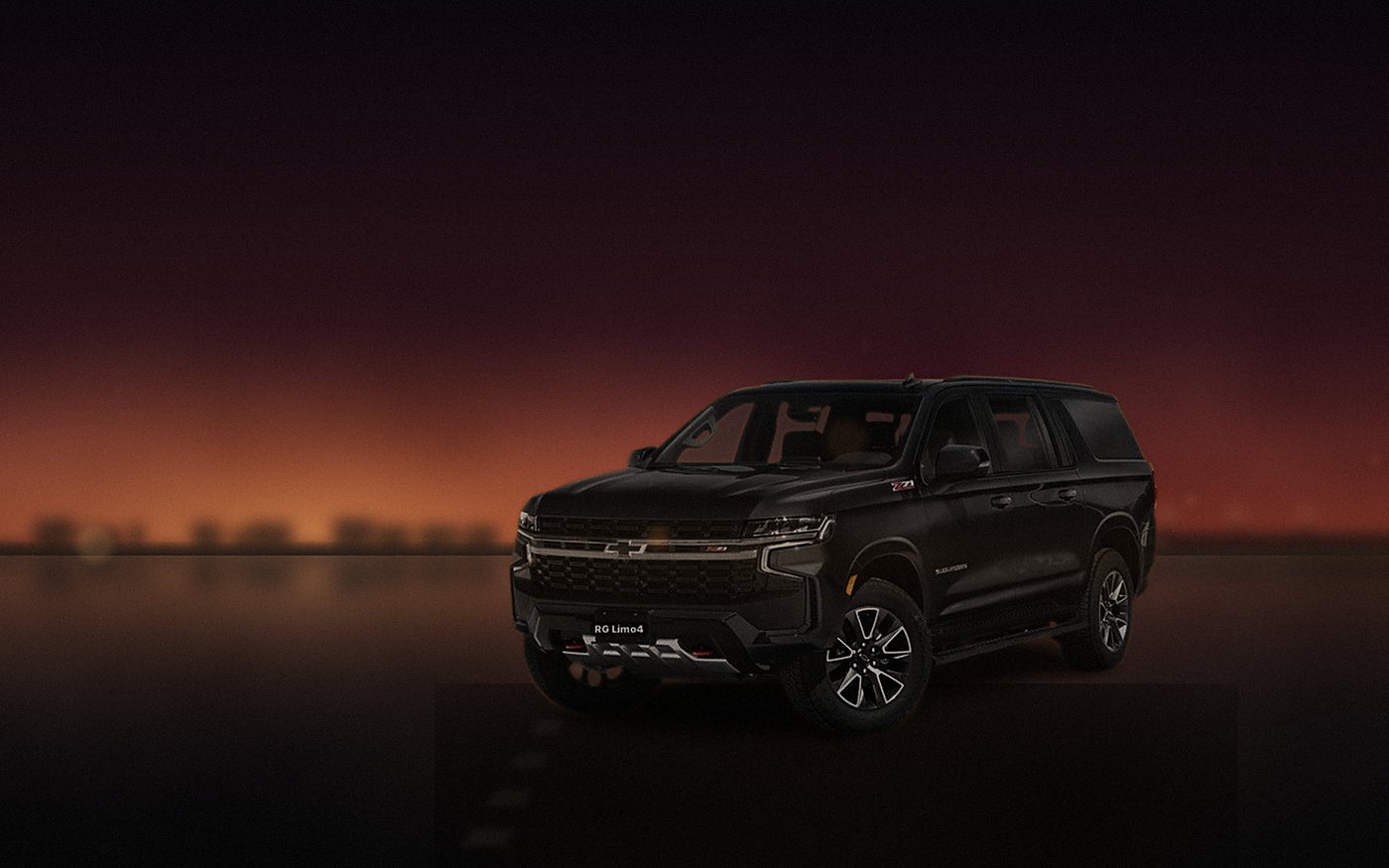 Black Chevrolet Suburban on Pacific Coast Highway in Orange County at sunset