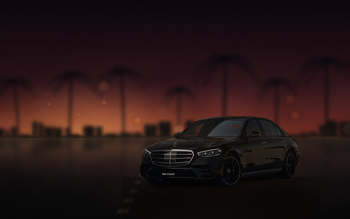 Black Mercedes-Benz S-Class sedan outside a Beverly Hills hotel entrance at golden hour