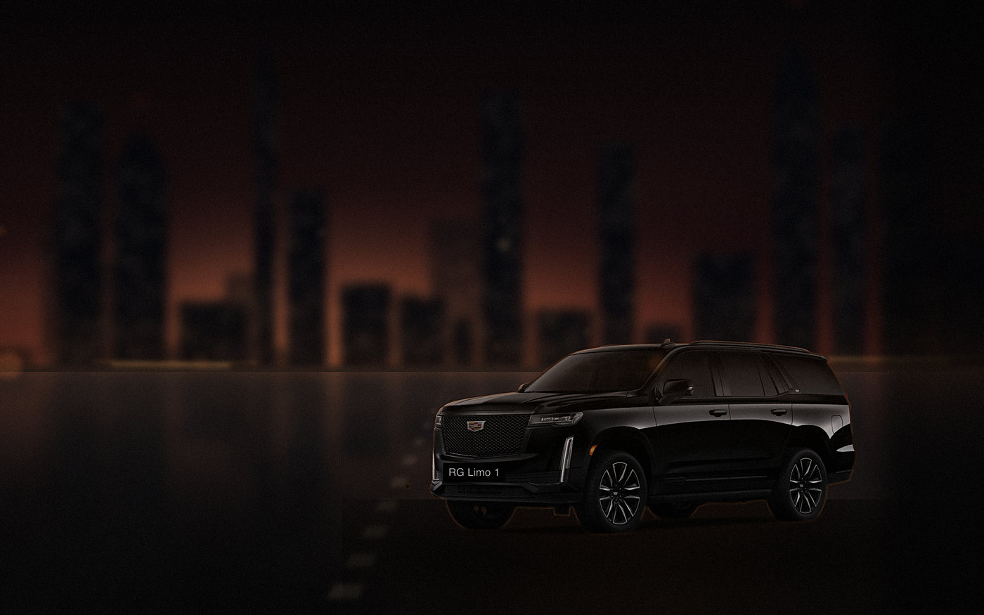 Black Cadillac Escalade waiting outside a downtown Los Angeles event space at night