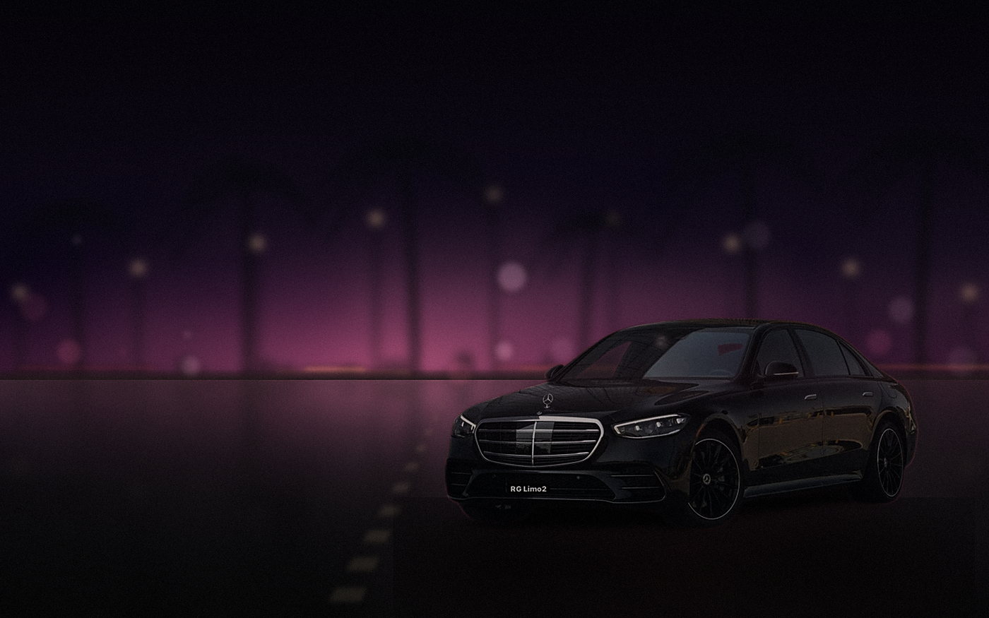 Black Mercedes-Benz S-Class sedan moving through a lit Los Angeles district late in the evening