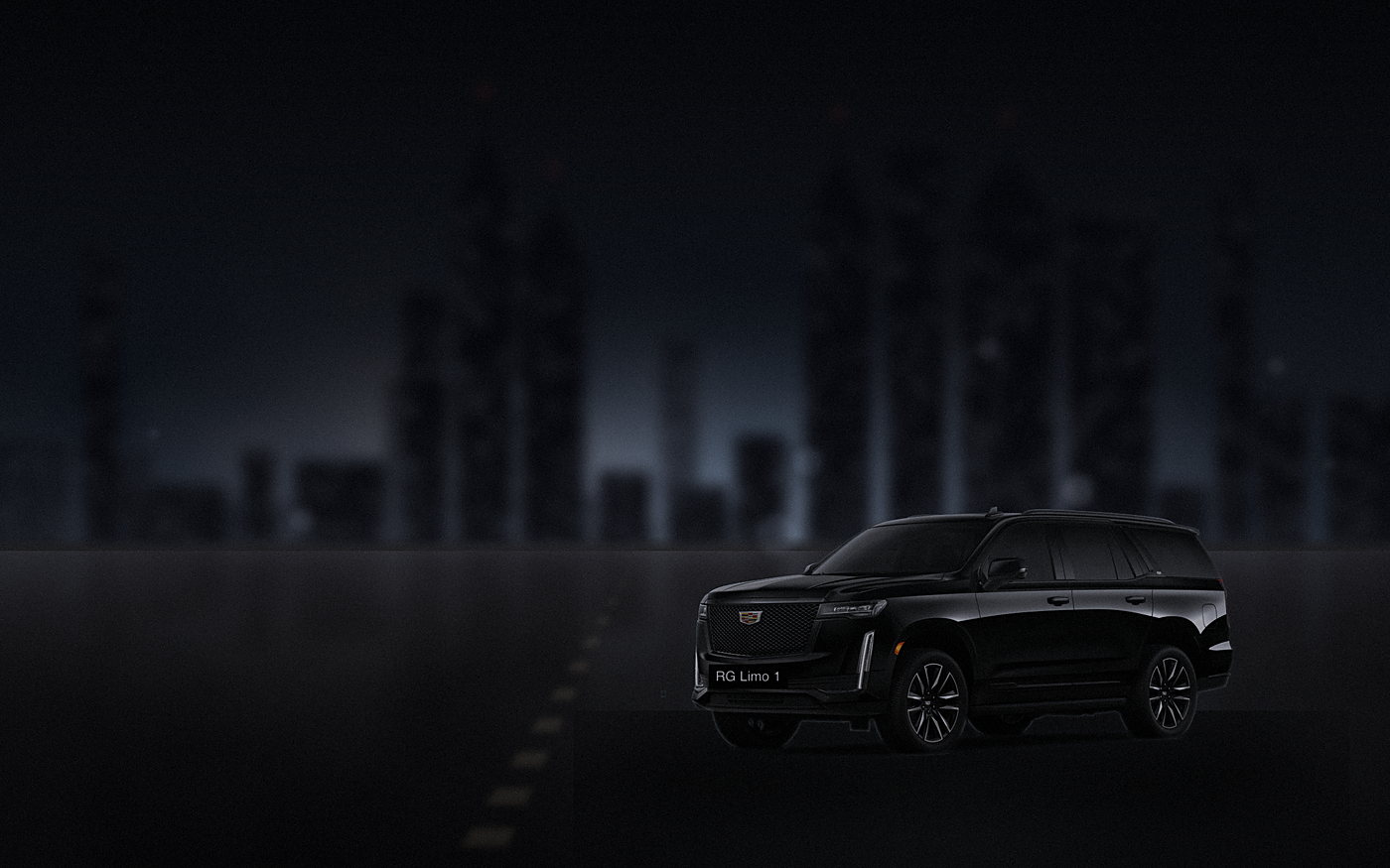 Black Cadillac Escalade waiting below a Los Angeles office tower at dawn