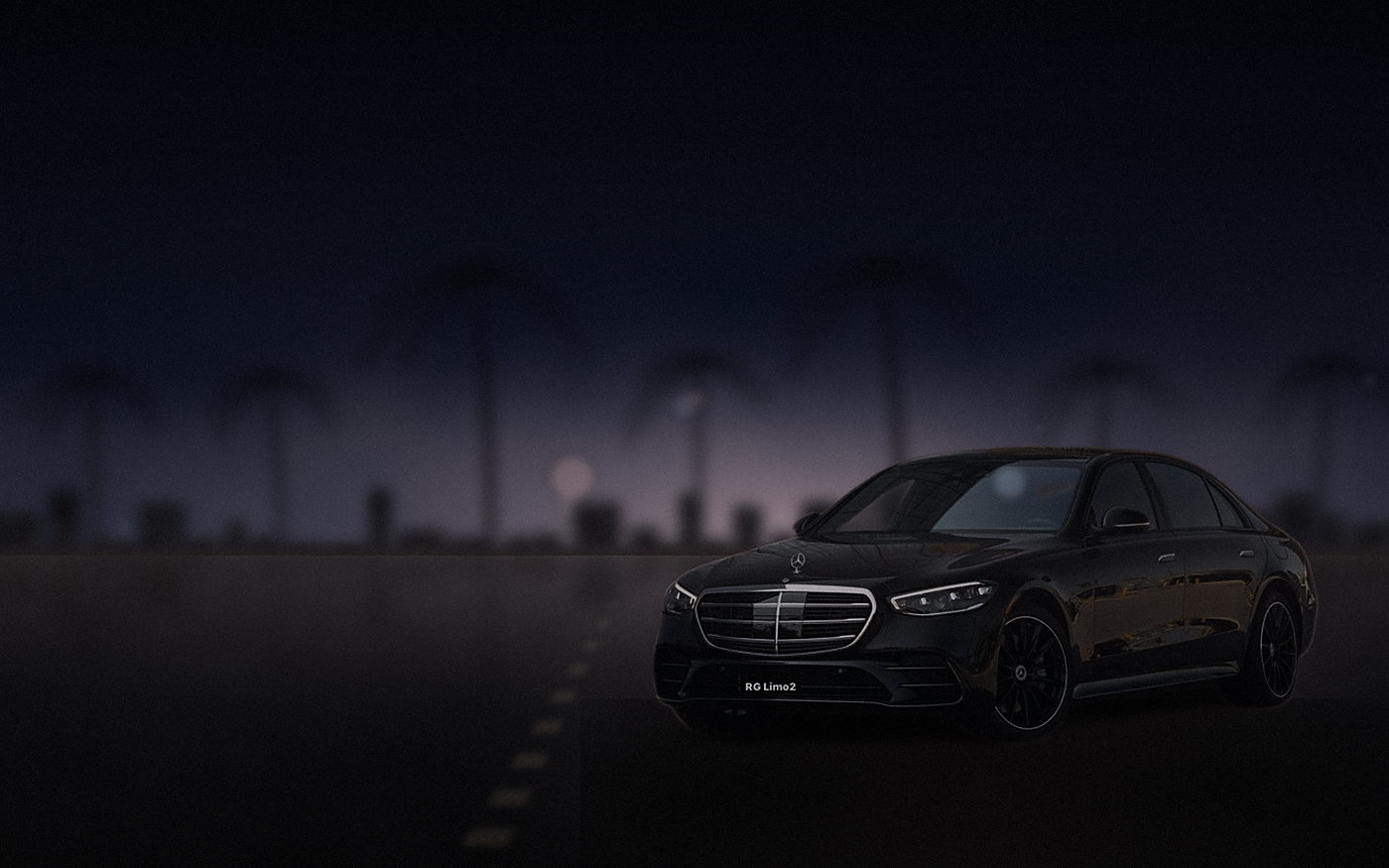 Black Mercedes-Benz S-Class sedan waiting on an hourly booking in Los Angeles before dawn