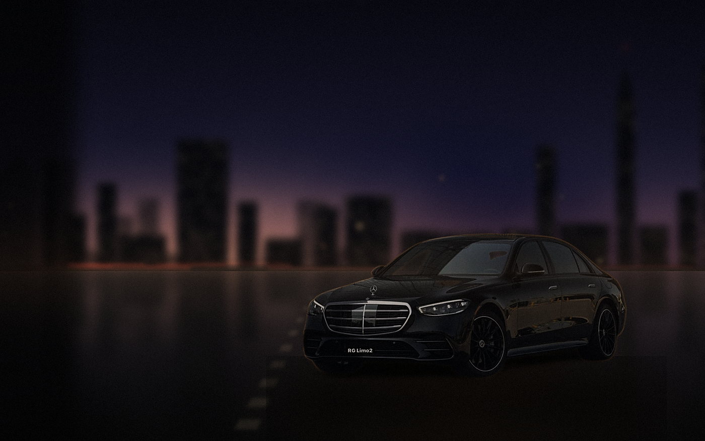 Black Mercedes-Benz S-Class sedan at a downtown Los Angeles kerb after sundown