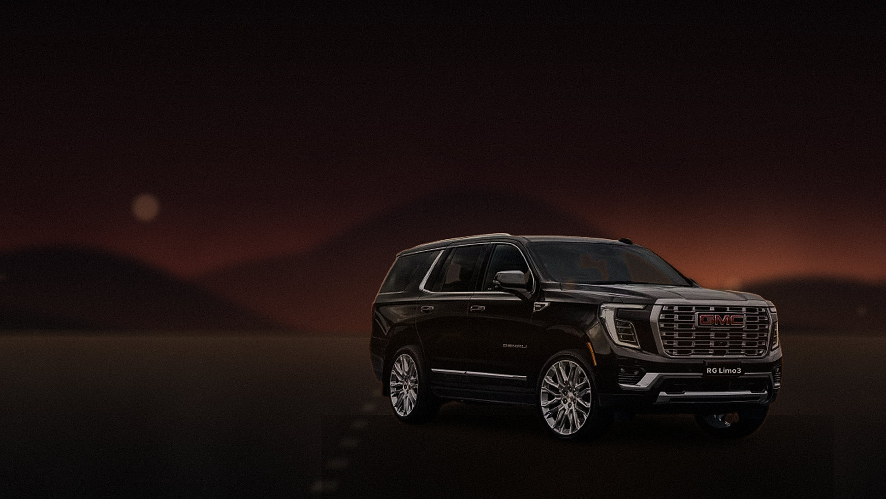 Black GMC Yukon Denali on the highway to Indio at sunset ahead of a Stagecoach weekend