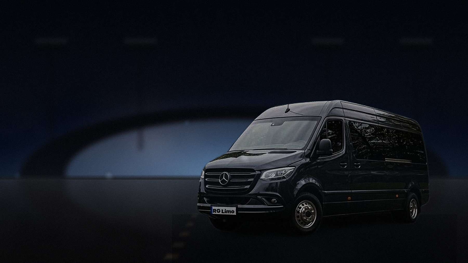 Black Mercedes-Benz Sprinter van outside a floodlit Los Angeles stadium on a World Cup match night