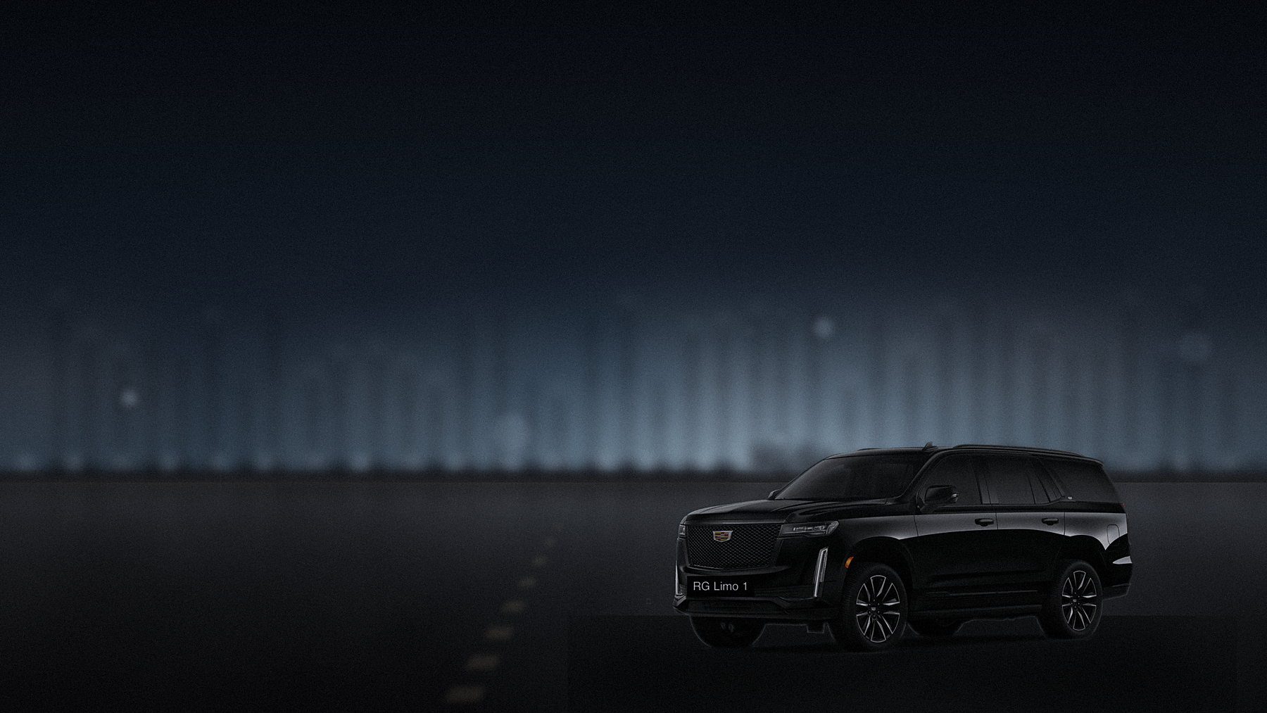 Black Cadillac Escalade beside Newport Harbor at dusk with the masts behind it