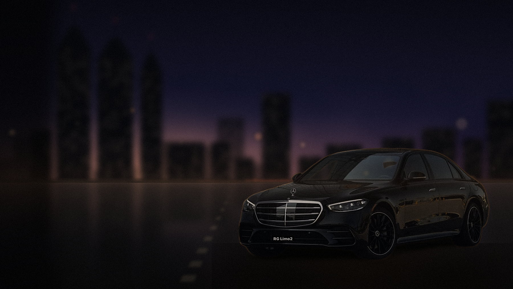 Black Mercedes-Benz S-Class sedan at a downtown Los Angeles kerb at dusk with the skyline behind it