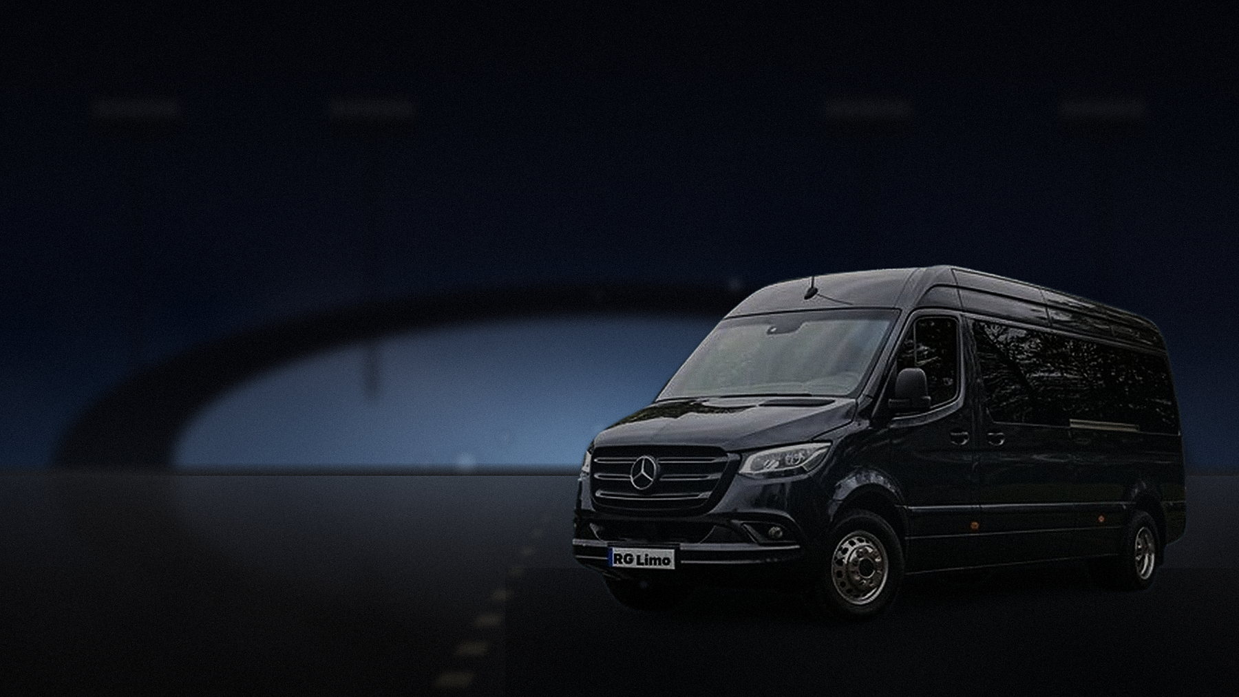 Black Mercedes-Benz Sprinter van loading a group outside a floodlit Los Angeles venue