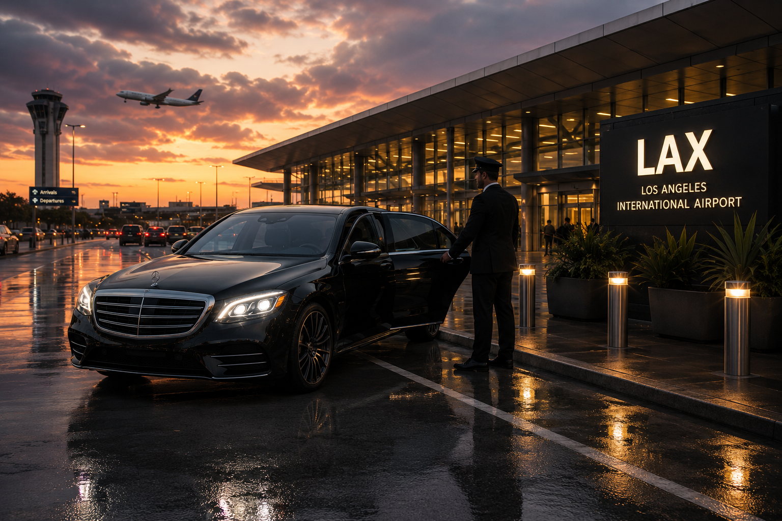 Chauffeur in uniform holding open the rear door of a black sedan at the LAX terminal kerb at dusk